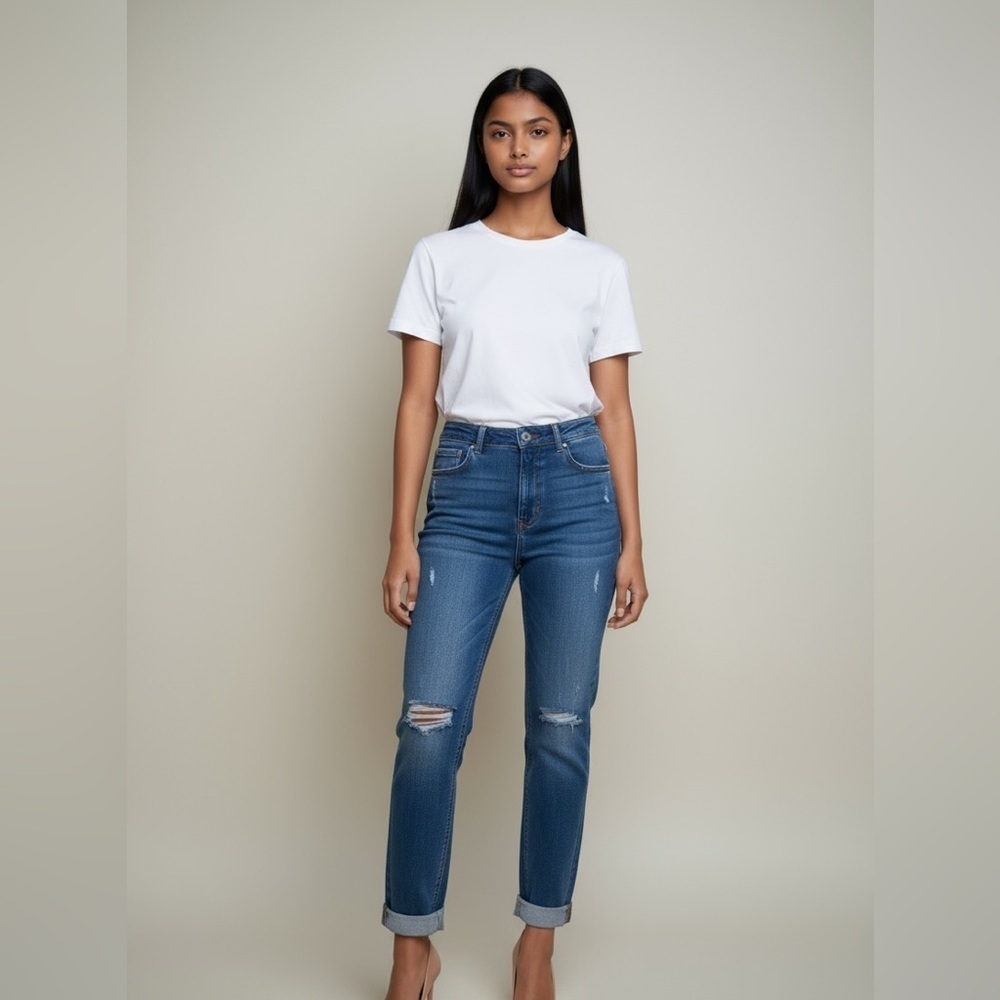 I&M Black Label High-Rise Straight Fit Jeans | Size 7 Cuffed Distressed